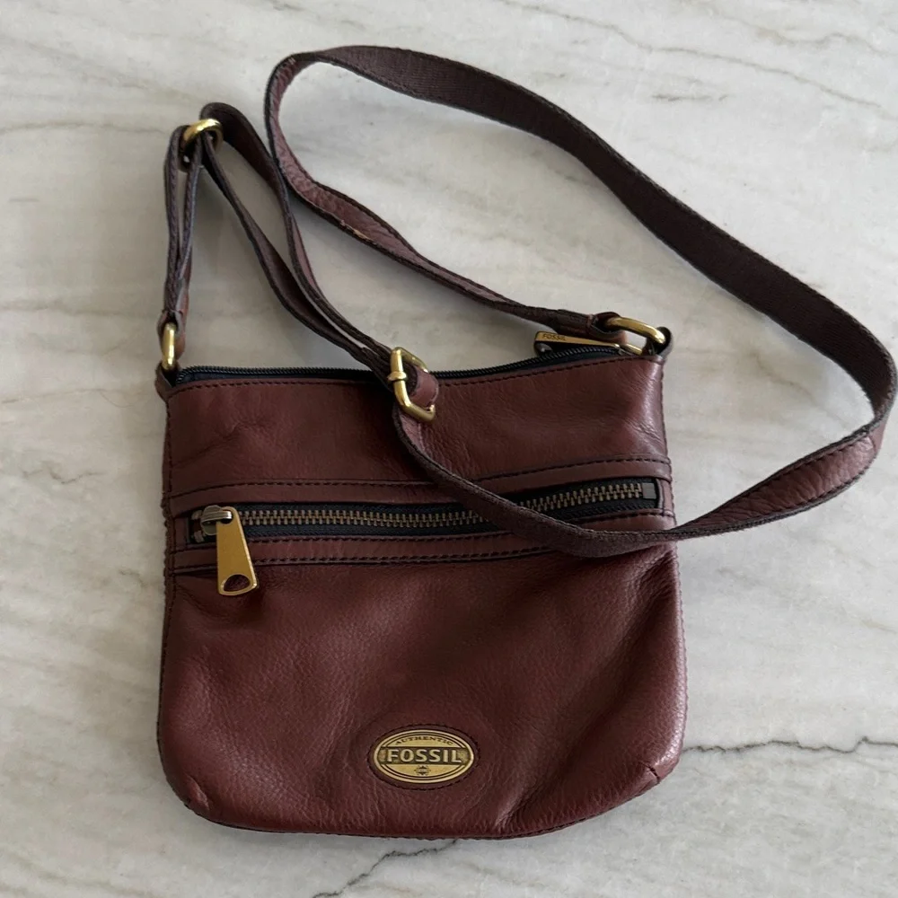 Fossil Dark Brown Leather Crossbody with Gold Hardware
